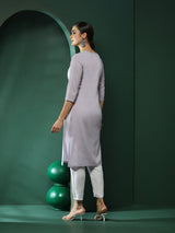 Lavender Embroidered Yoke Kurta - Elganza