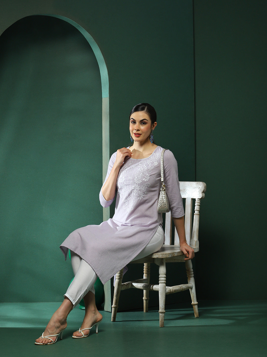 Lavender Embroidered Yoke Kurta - Elganza