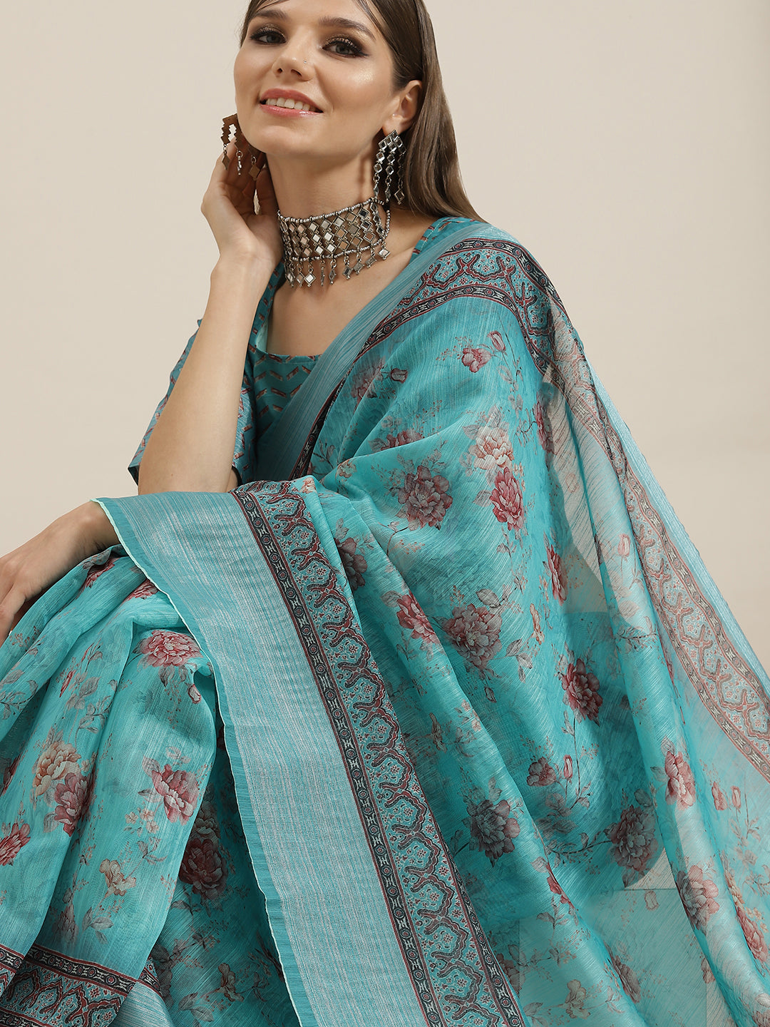 Blue Floral Print Saree With Blouse Piece - Elganza
