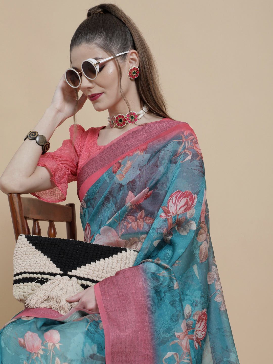Blue Floral Print Saree With Blouse Piece - Elganza