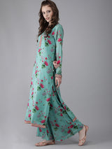 Turquoise Blue Floral Print Kurta Palazzo With Dupatta - Elganza