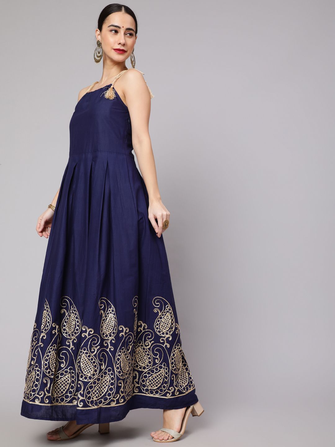 Navy Blue Embroidered Maxi Dress - Elganza