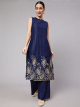 Navy Blue Embroidered Kurta With Palazzo - Elganza