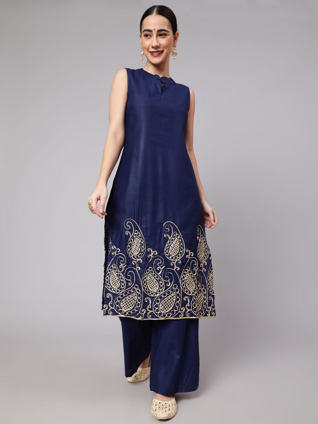 Navy Blue Embroidered Kurta With Palazzo - Elganza