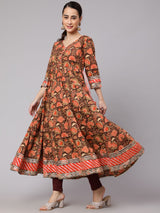 Brown Floral Print Anarkali With Dupatta - Elganza
