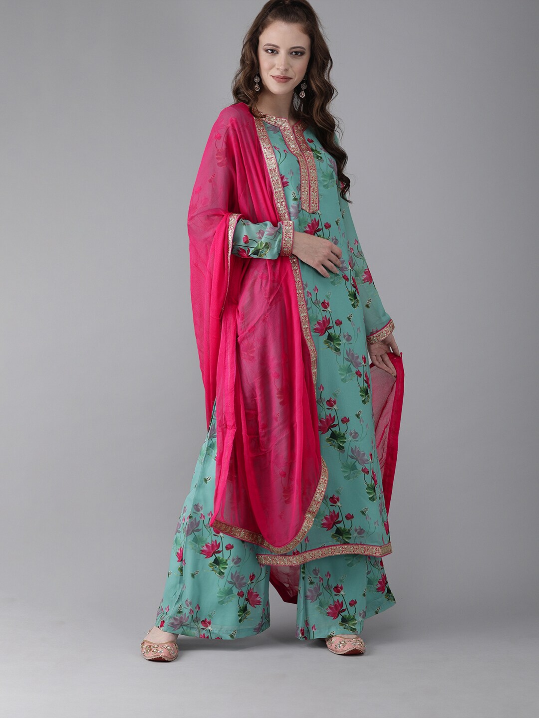 Turquoise Blue Floral Print Kurta Palazzo With Dupatta - Elganza