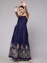 Navy Blue Embroidered Maxi Dress - Elganza