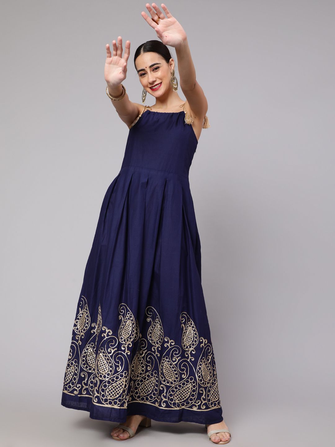Navy Blue Embroidered Maxi Dress - Elganza