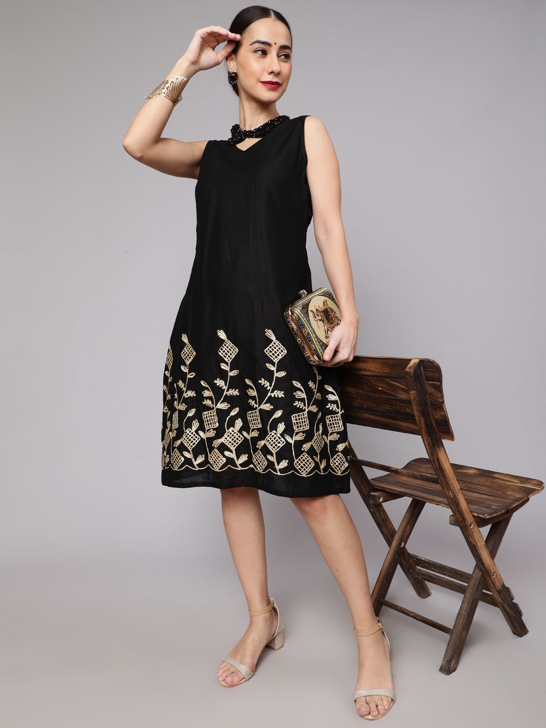 Black Midi Dress with Gota Embroidery - Elganza