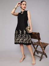 Black Midi Dress with Gota Embroidery - Elganza