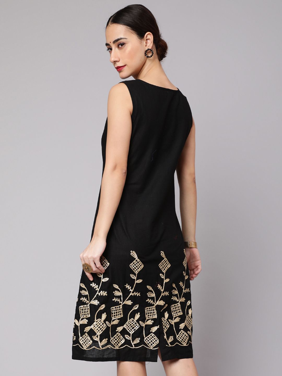 Black Midi Dress with Gota Embroidery - Elganza
