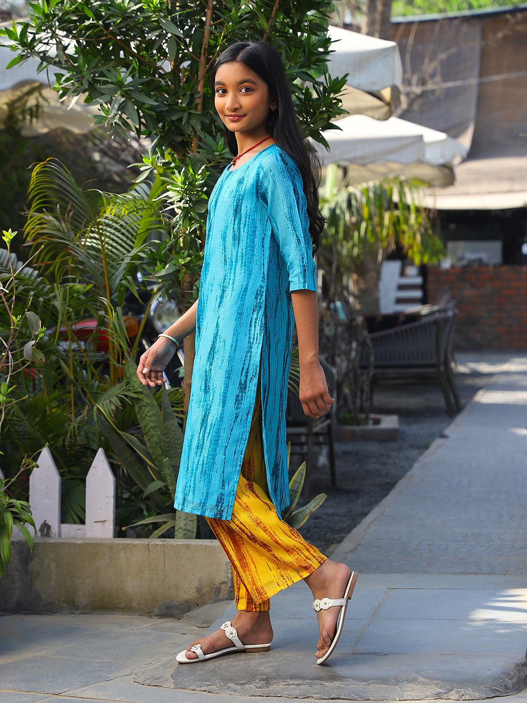 Blue & Yellow Kota Doria Kurta Set - Elganza