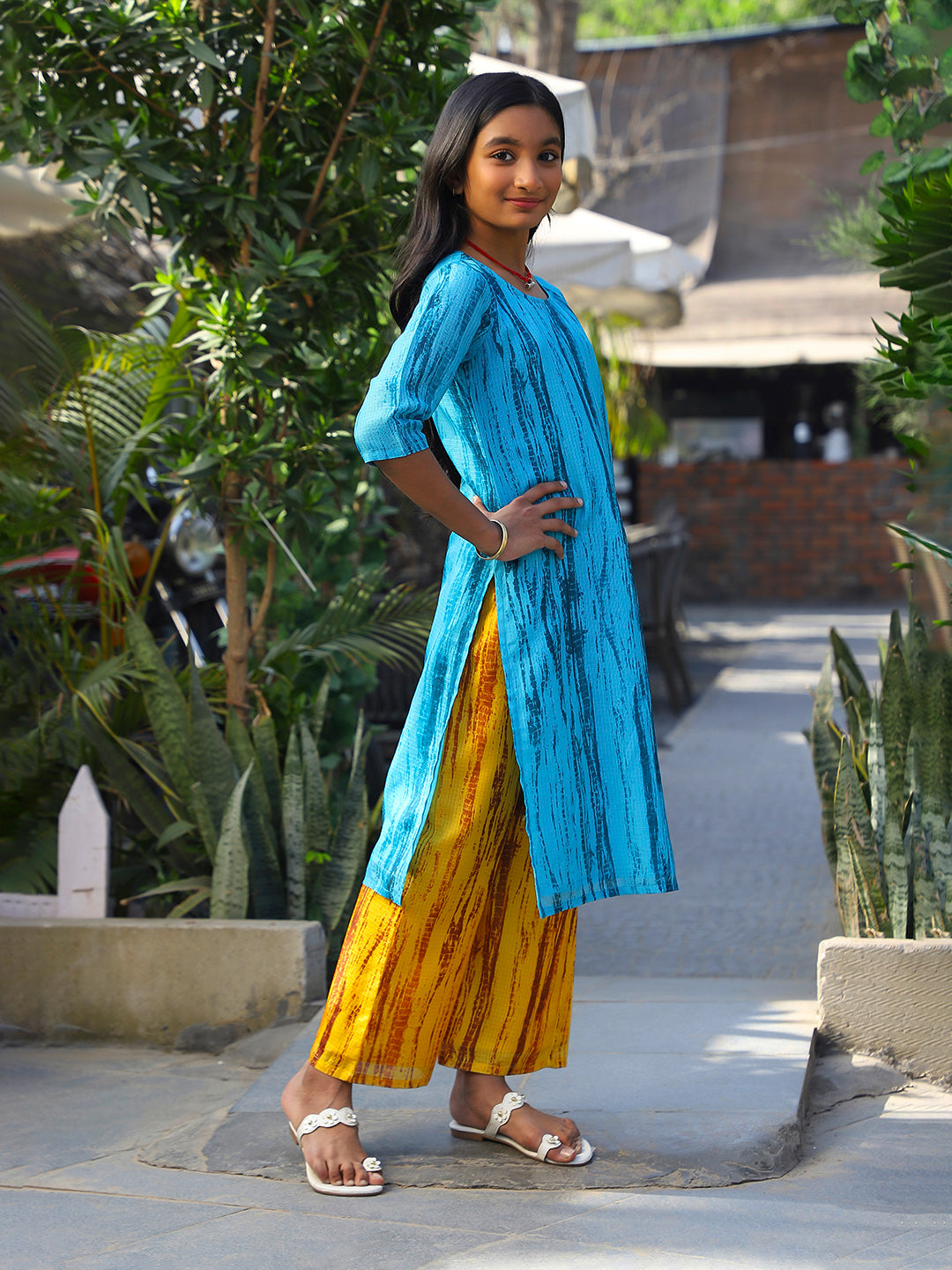 Blue & Yellow Kota Doria Kurta Set - Elganza
