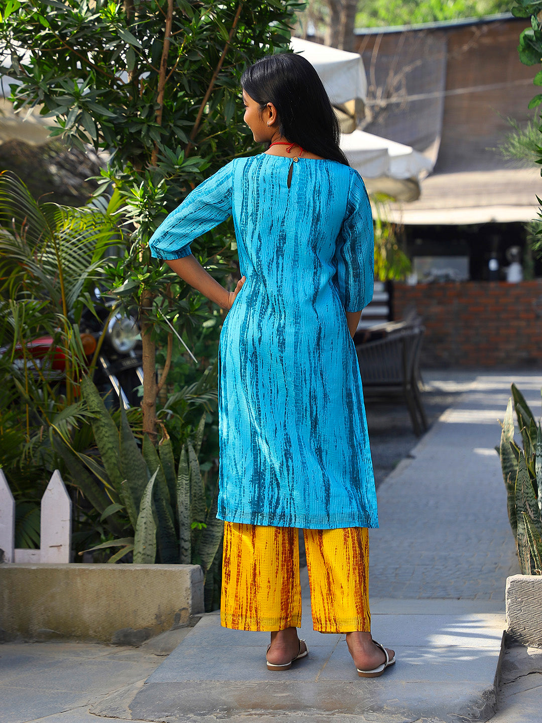 Blue & Yellow Kota Doria Kurta Set - Elganza