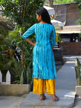Blue & Yellow Kota Doria Kurta Set - Elganza