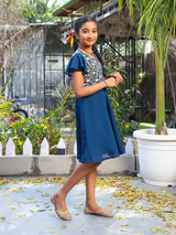 Blue Embroidered Flared dress - Elganza