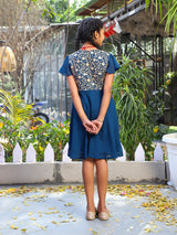 Blue Embroidered Flared dress - Elganza