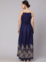 Navy Blue Embroidered Maxi Dress - Elganza