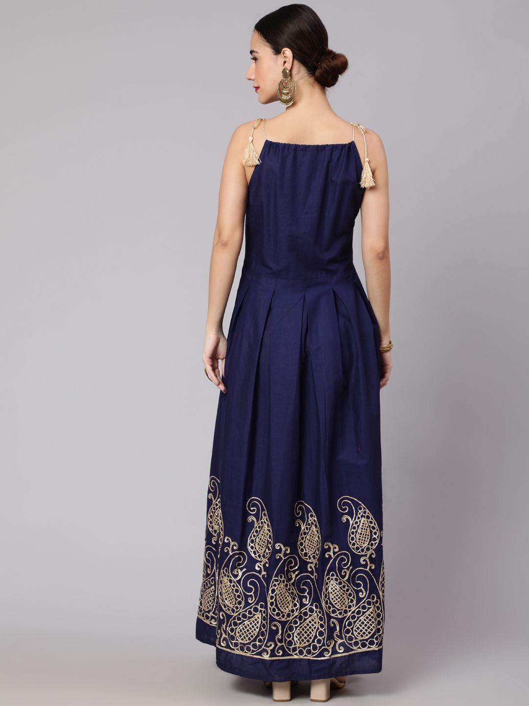 Navy Blue Embroidered Maxi Dress - Elganza