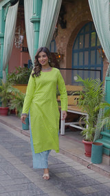Lime Green Ethnic Motif Kurta with Blue Cotton Palazzo