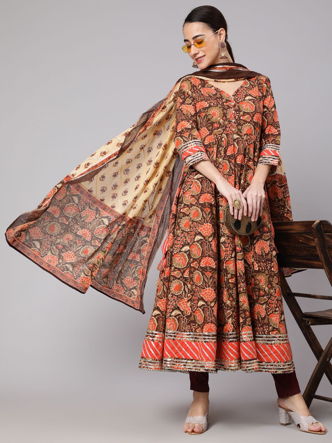 Brown Floral Print Anarkali With Dupatta - Elganza