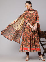 Brown Floral Print Anarkali With Dupatta - Elganza