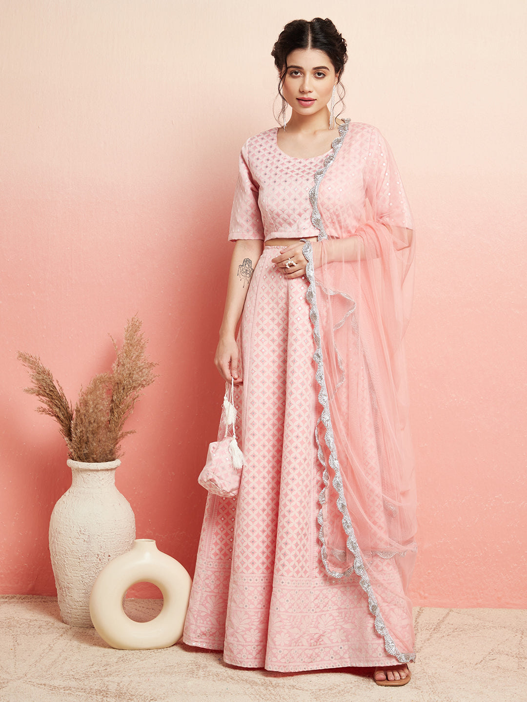 Pink Jacquard Lehenga Choli With Dupatta - Elganza