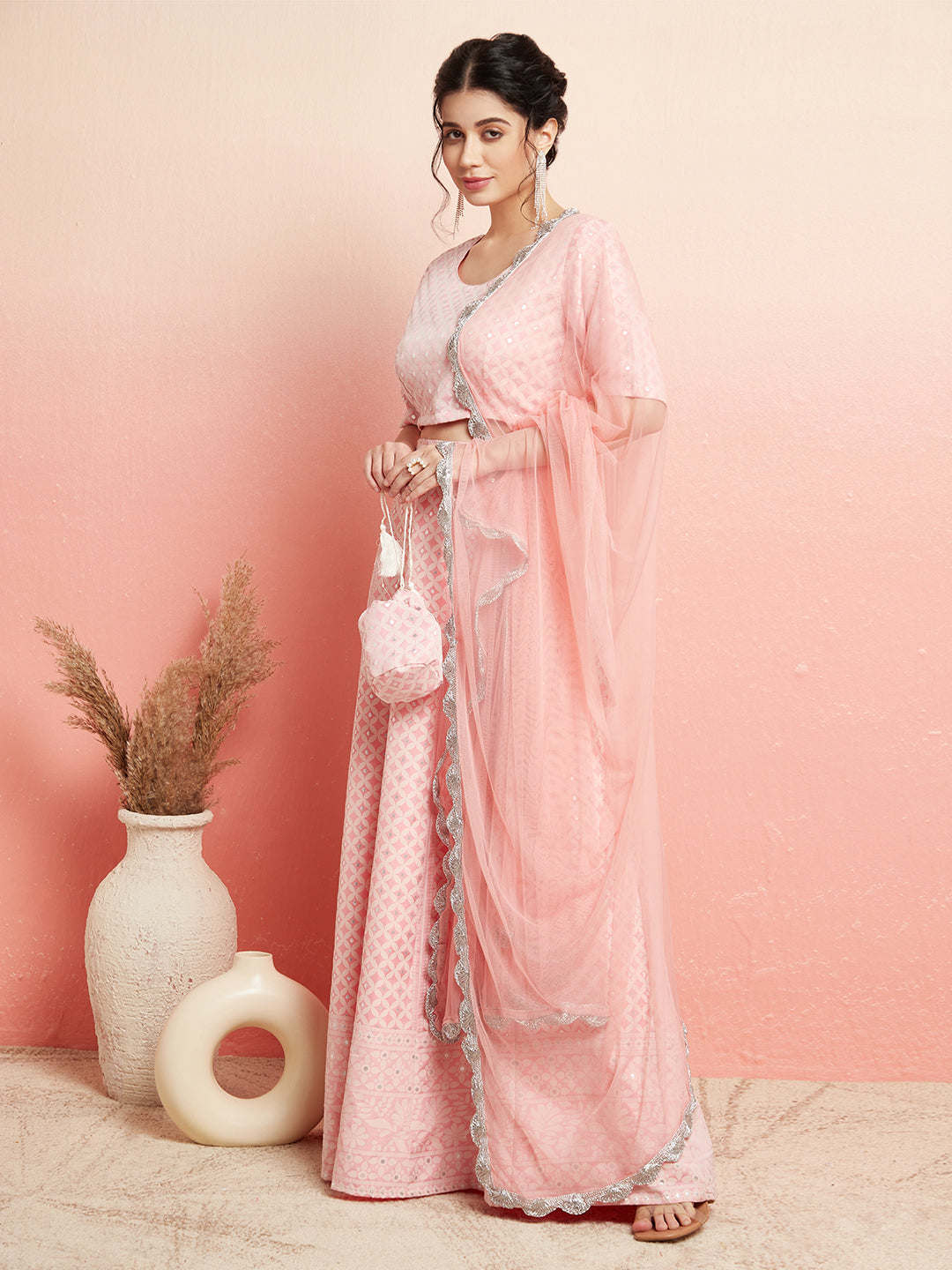 Pink Jacquard Lehenga Choli With Dupatta - Elganza