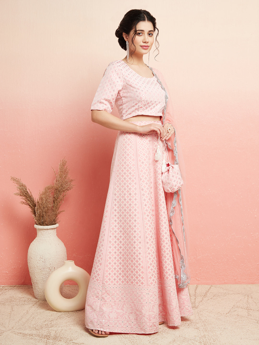 Pink Jacquard Lehenga Choli With Dupatta - Elganza