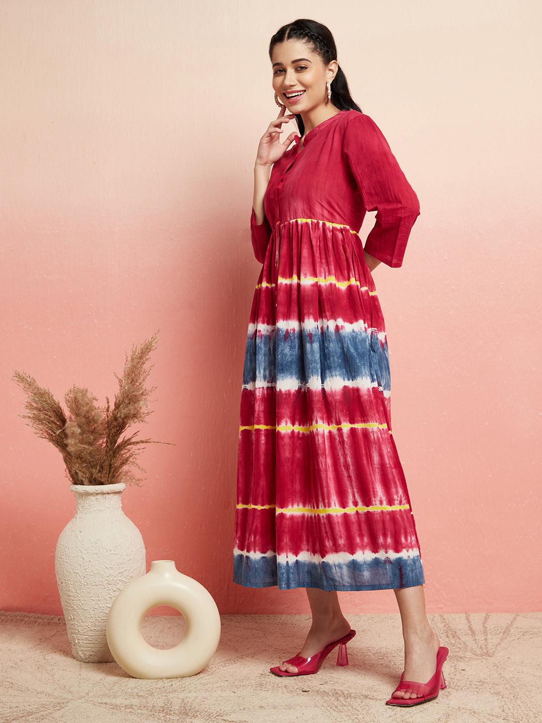 Maroon Tie & Dye Button Down Dress - Elganza