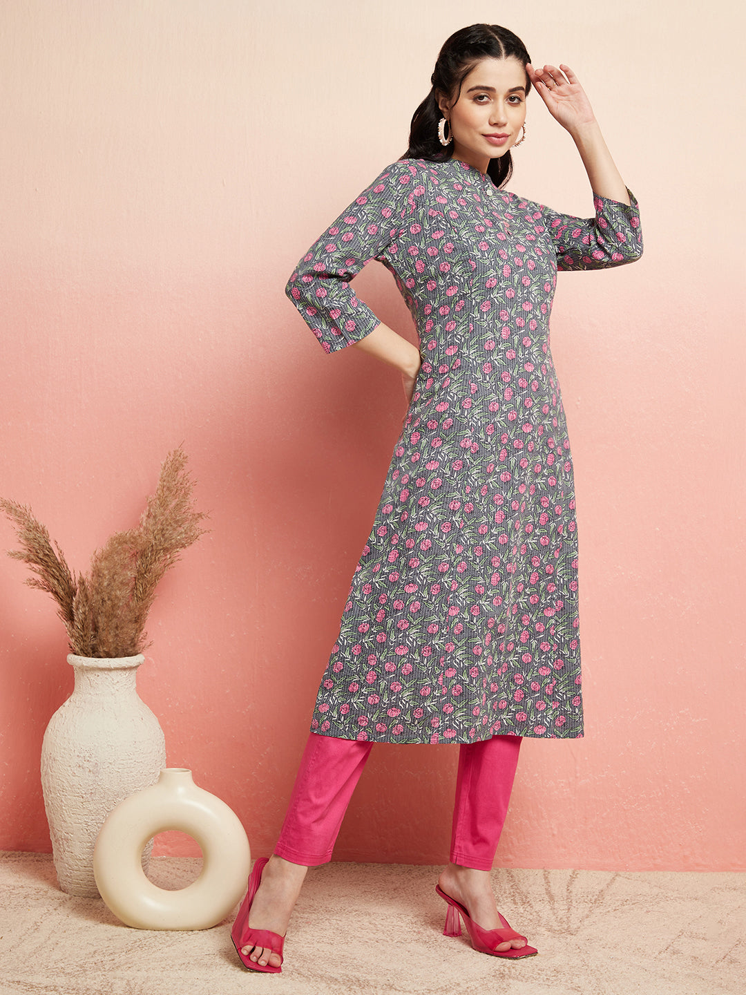 Grey Floral Print A-Line Kurta - Elganza