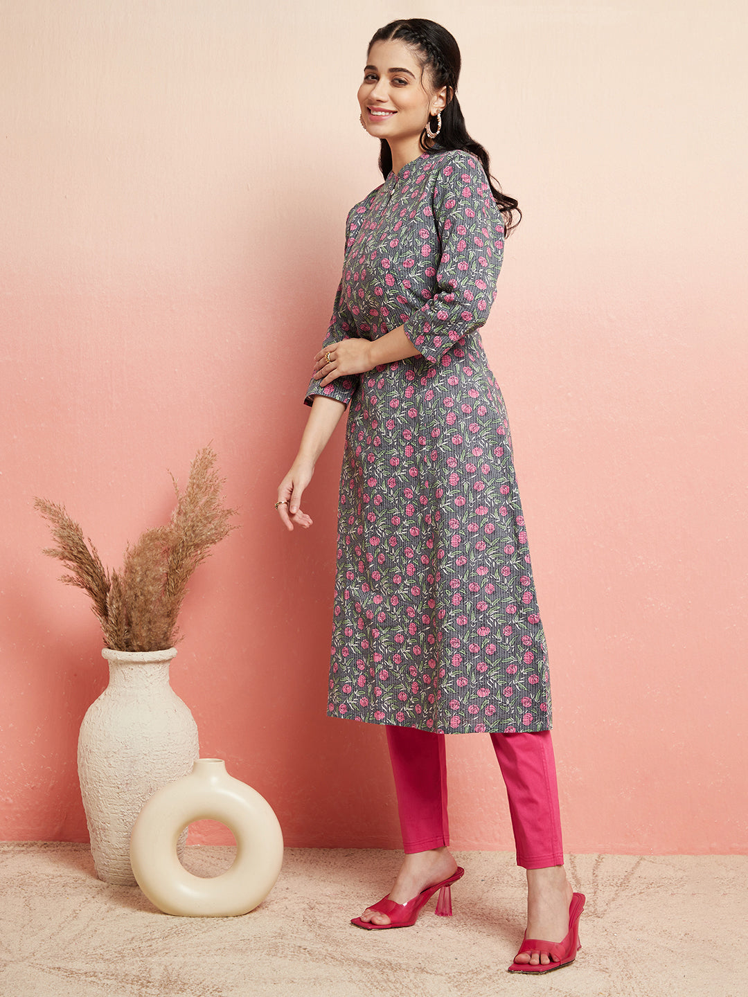Grey Floral Print A-Line Kurta - Elganza