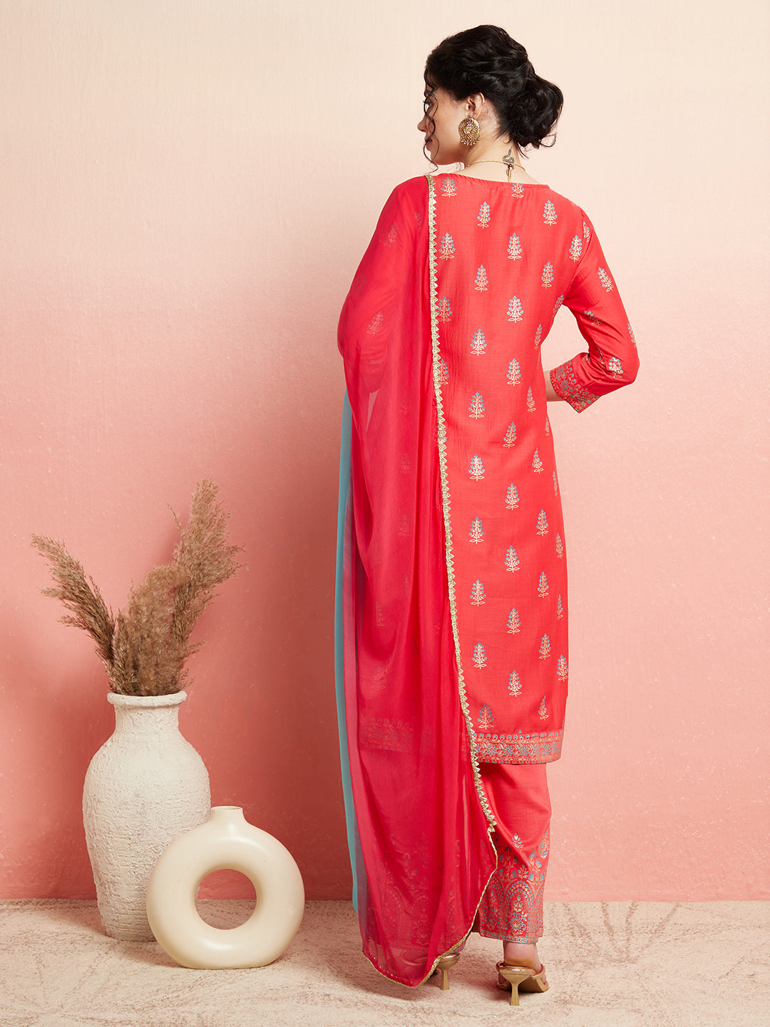 Red Placement Print Kurta Palazzo With Ombre Dupatta - Elganza