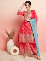 Red Placement Print Kurta Palazzo With Ombre Dupatta - Elganza