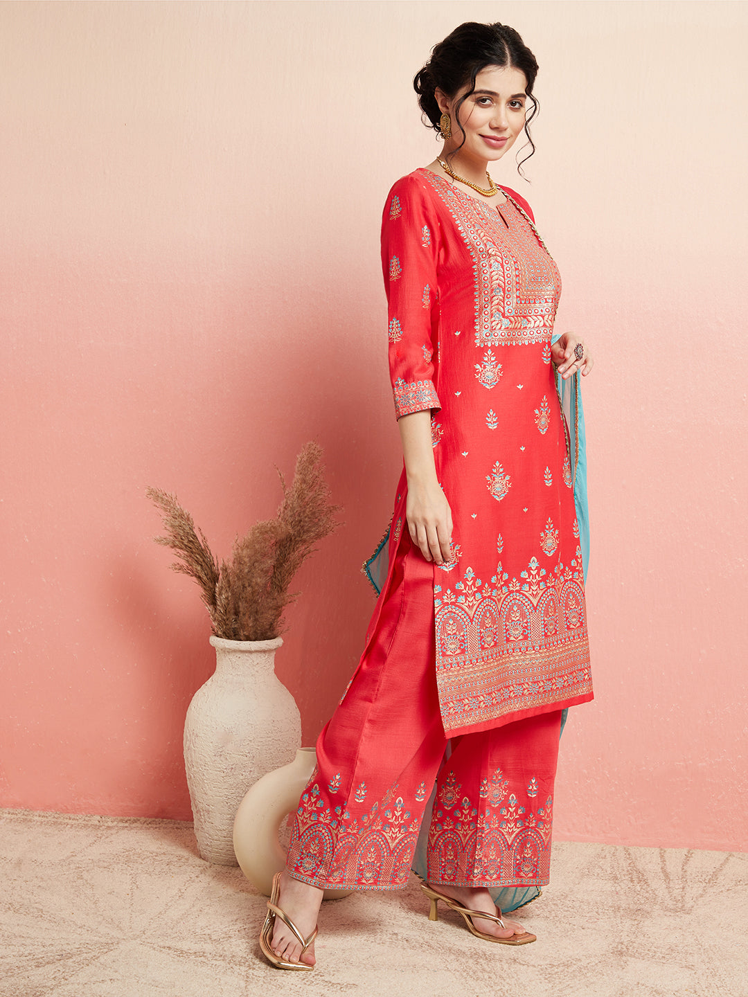 Red Placement Print Kurta Palazzo With Ombre Dupatta - Elganza