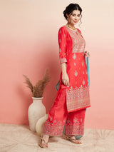 Red Placement Print Kurta Palazzo With Ombre Dupatta - Elganza