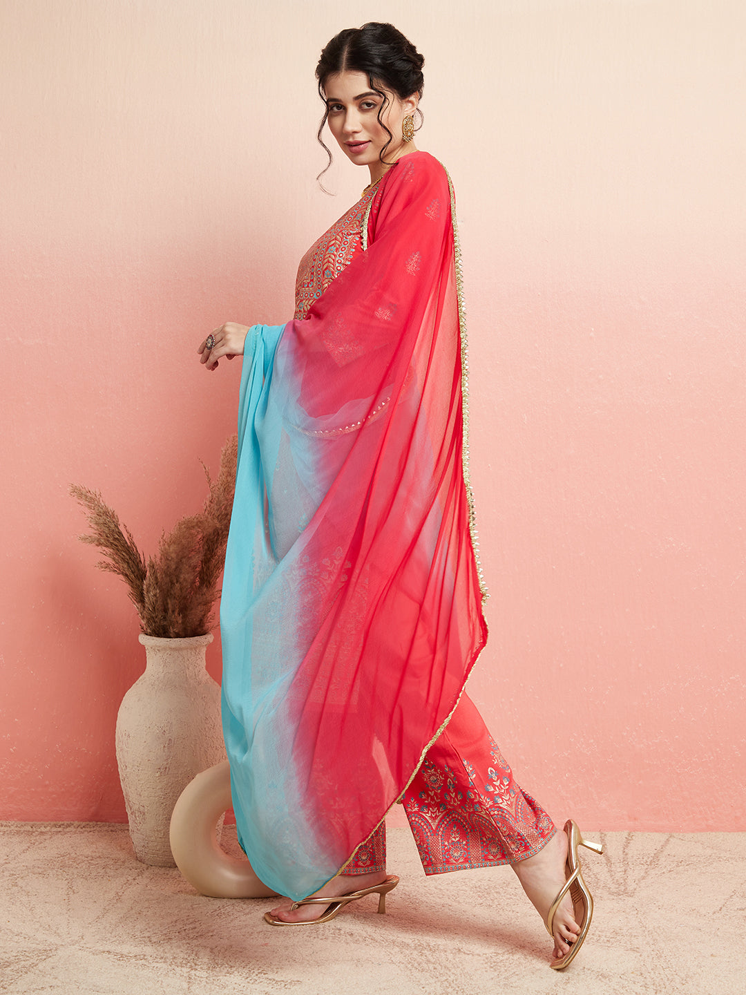 Red Placement Print Kurta Palazzo With Ombre Dupatta - Elganza