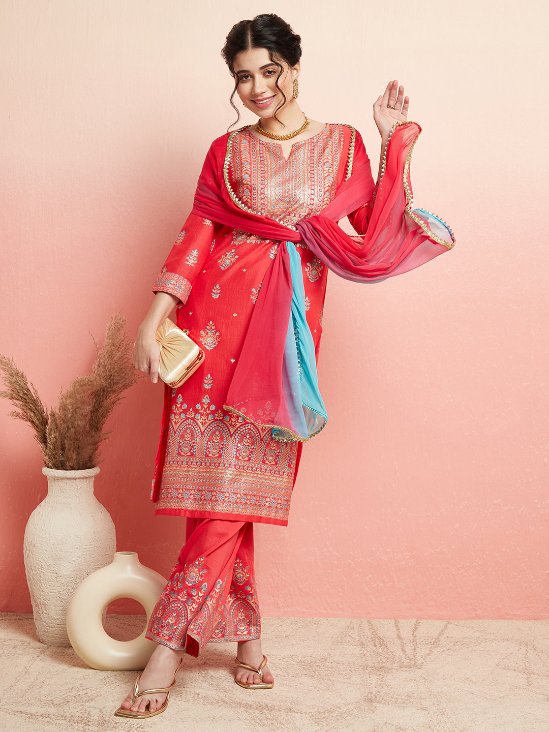 Red Placement Print Kurta Palazzo With Ombre Dupatta - Elganza