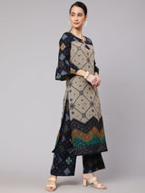 Navy Blue Printed Straight Kurta Set - Elganza