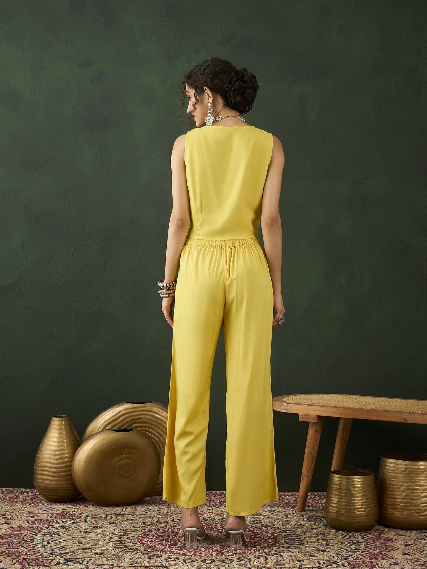 Yellow Lotus Print Co Ord Set with Jacket - Elganza