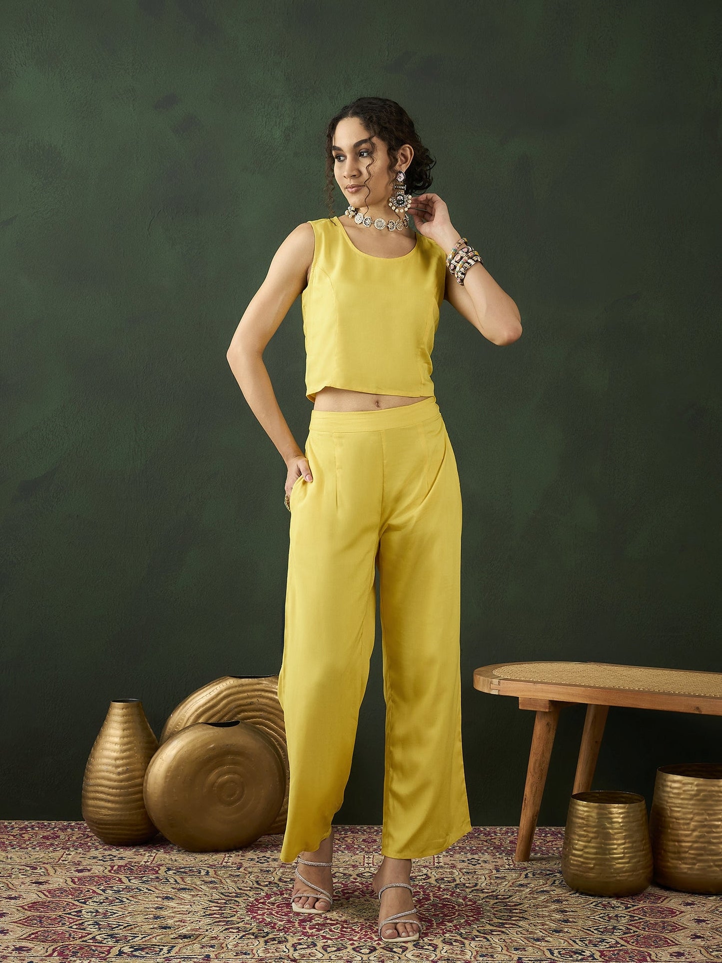 Yellow Lotus Print Co Ord Set with Jacket - Elganza