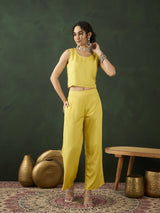 Yellow Lotus Print Co Ord Set with Jacket - Elganza