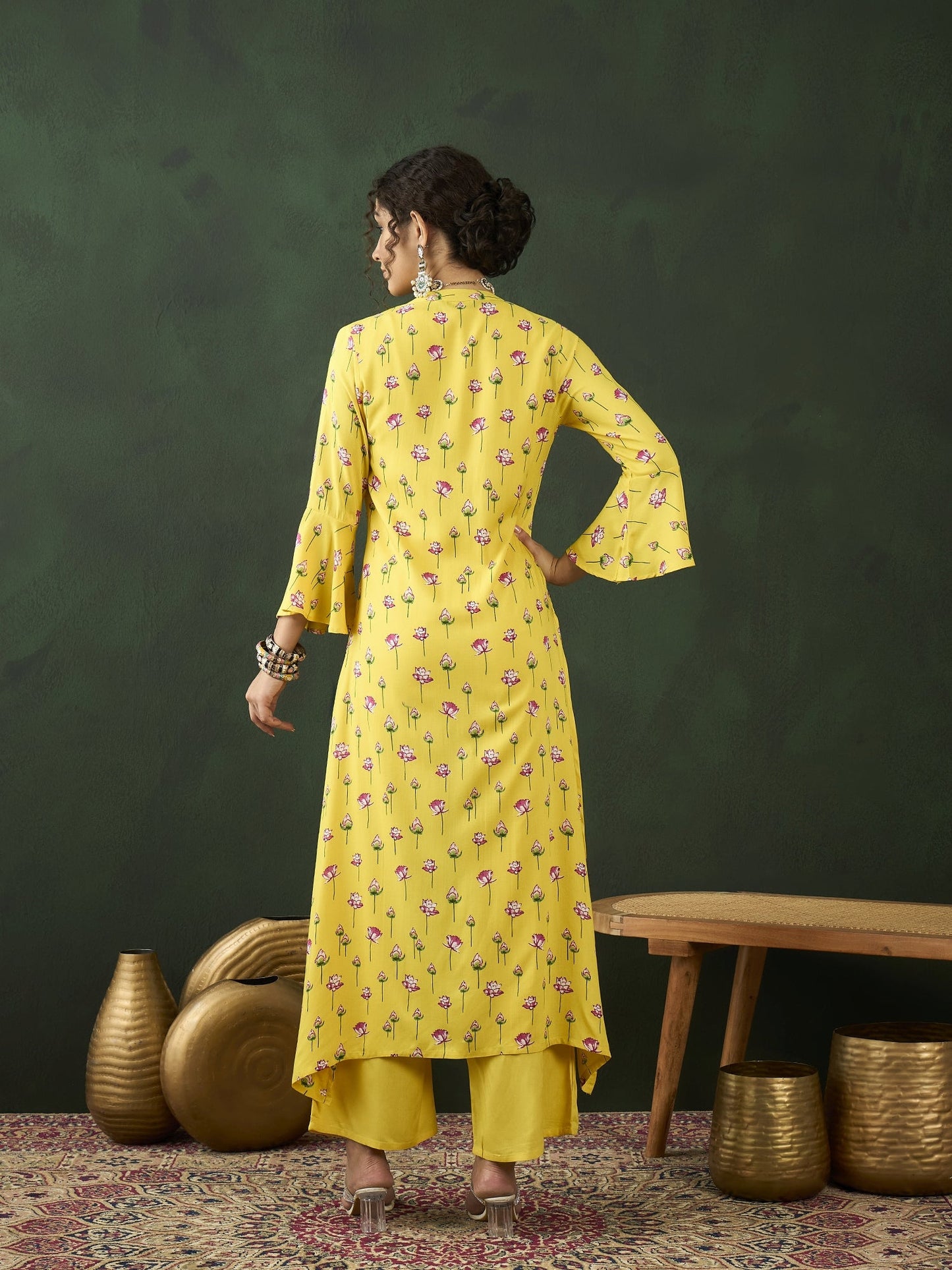Yellow Lotus Print Co Ord Set with Jacket - Elganza