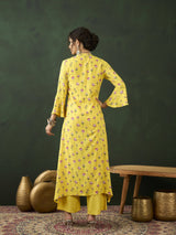 Yellow Lotus Print Co Ord Set with Jacket - Elganza