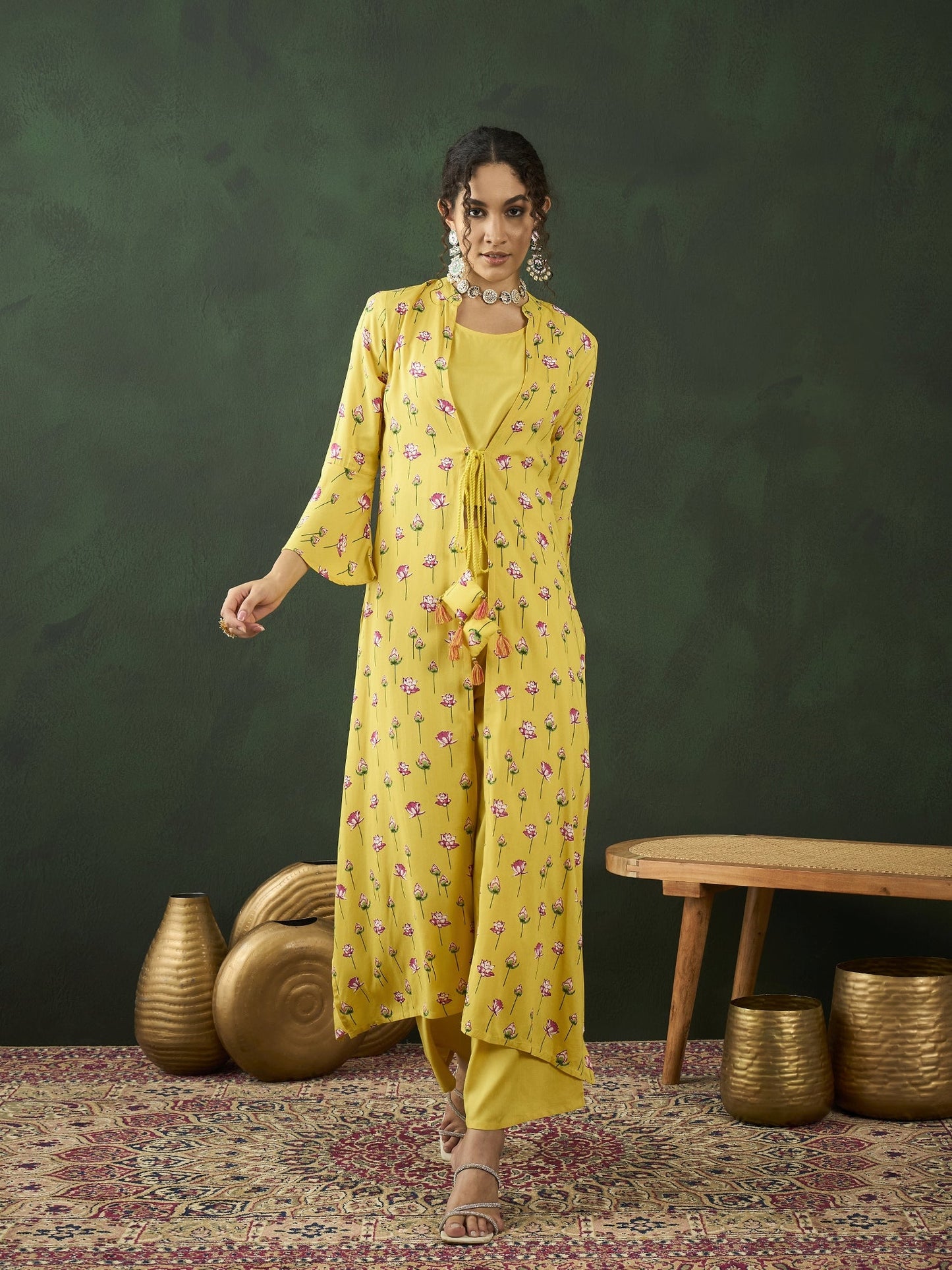 Yellow Lotus Print Co Ord Set with Jacket - Elganza