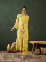 Yellow Lotus Print Co Ord Set with Jacket - Elganza