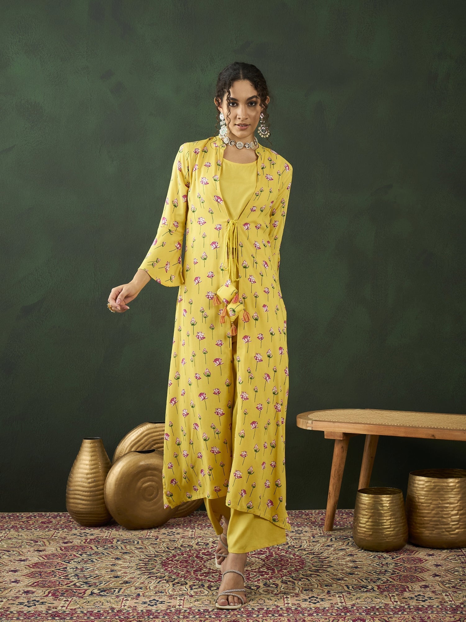 Yellow Lotus Print Co Ord Set with Jacket - Elganza