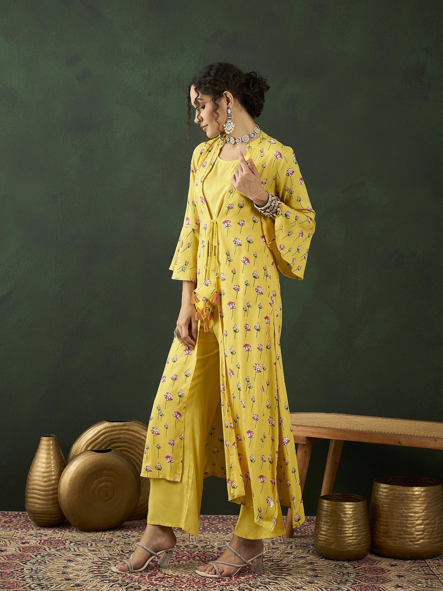 Yellow Lotus Print Co Ord Set with Jacket - Elganza