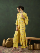 Yellow Lotus Print Co Ord Set with Jacket - Elganza
