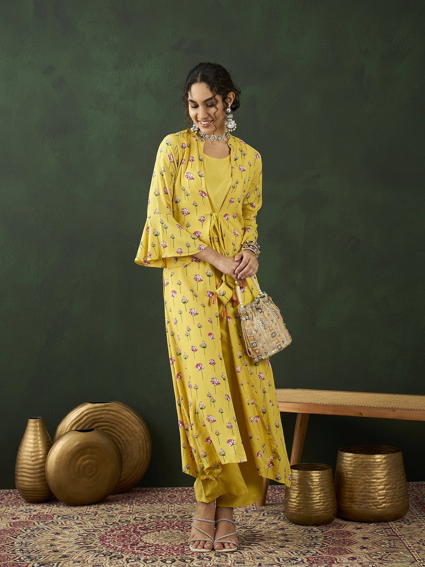 Yellow Lotus Print Co Ord Set with Jacket - Elganza